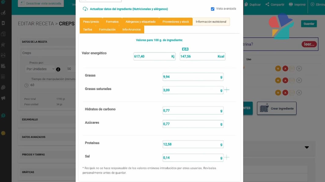 información nutricional de receta