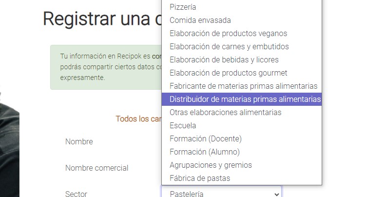 seleccionar tipo de empresa en recipok