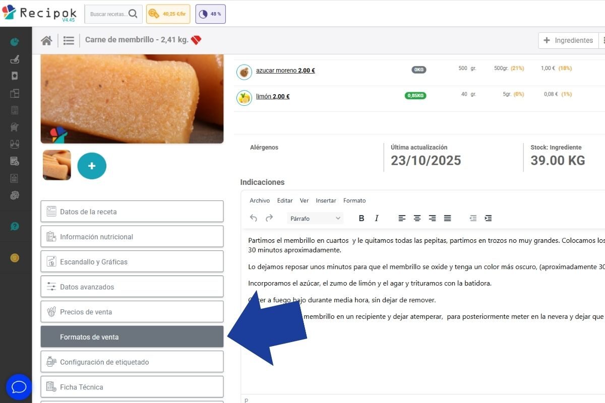 Formatos de venta en recetas recipok