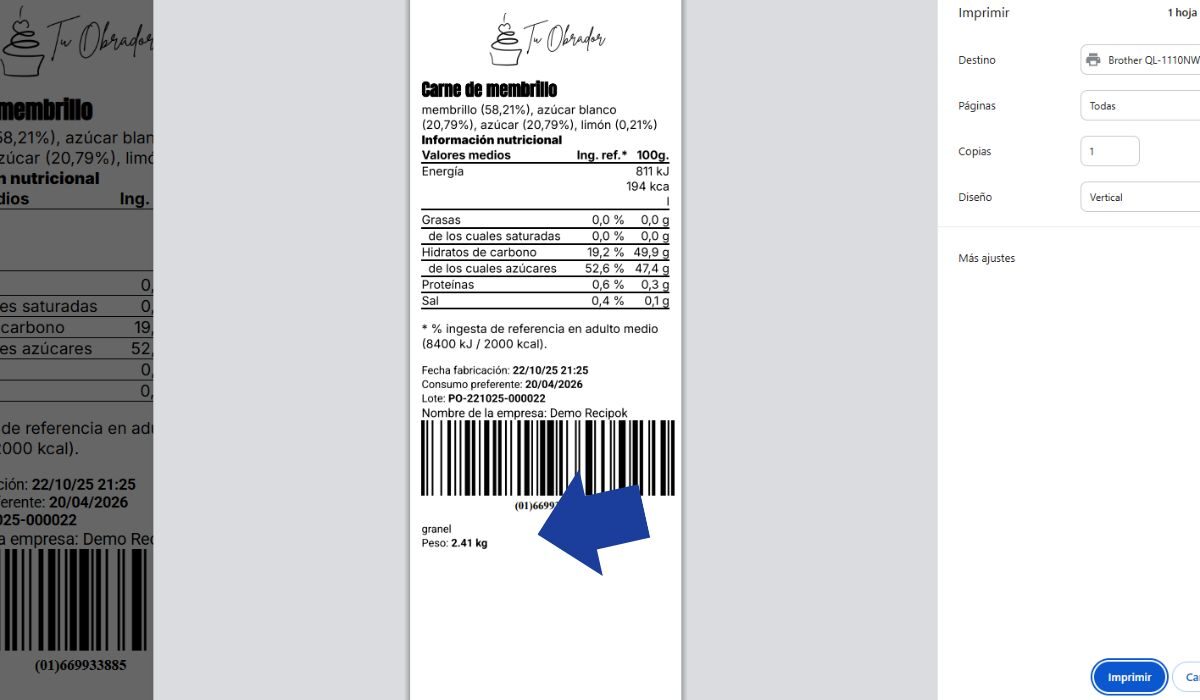 Peso del formato en la etiqueta con Recipok