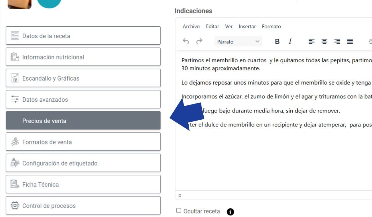 Precios de venta en recetas Recipok