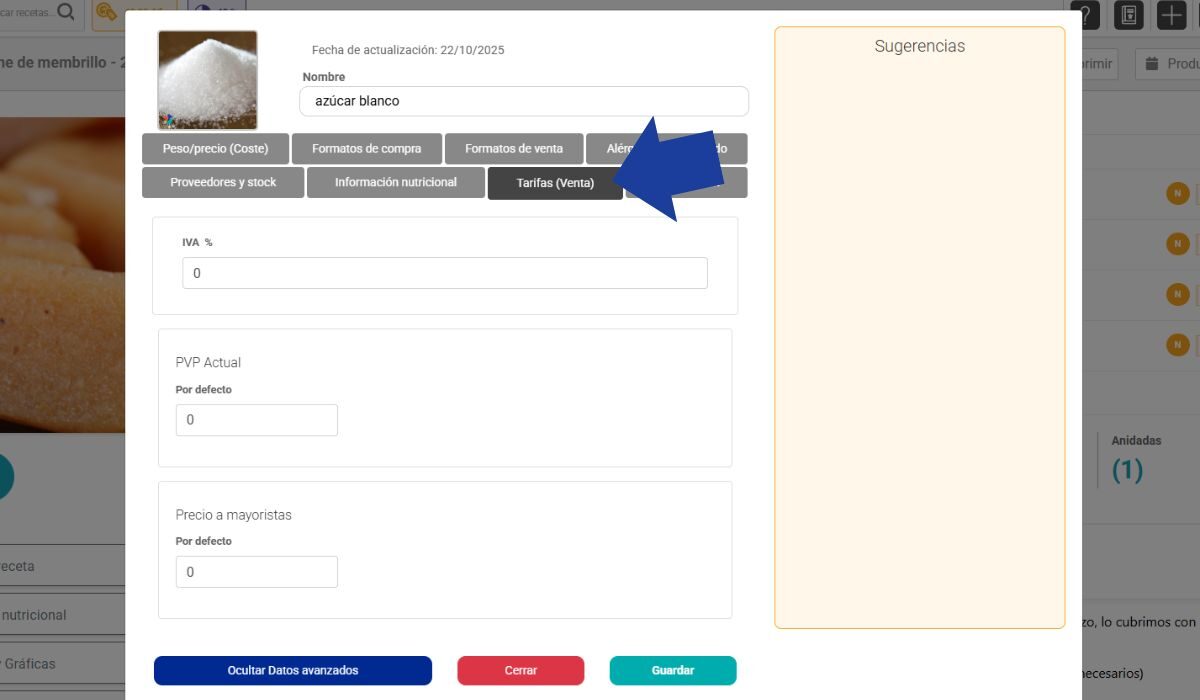 Tarifas de venta en ingredientes Recipok