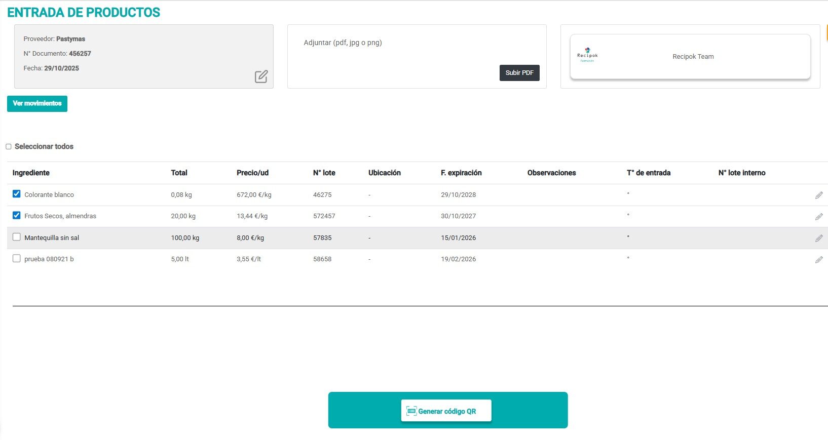 generar códigos QR de ingredientes con Recipok