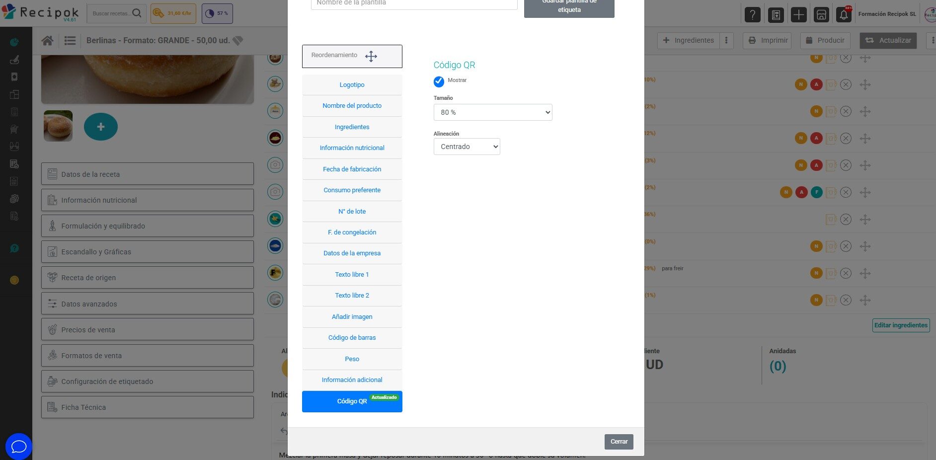 Configurar QR etiqueta receta Recipok