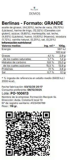 Etiqueta alimentos con código QR Recipok