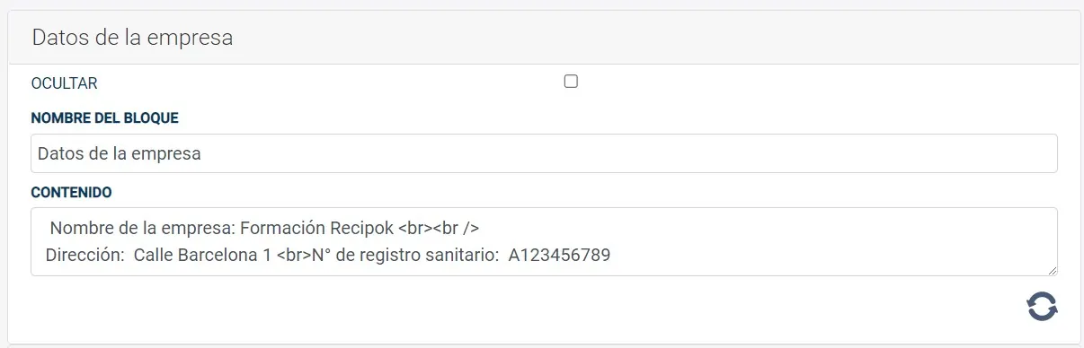 Datos de la empresa en la ficha técnica